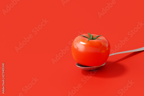 Fresh tomato on the spoon on red background. 3d rendering