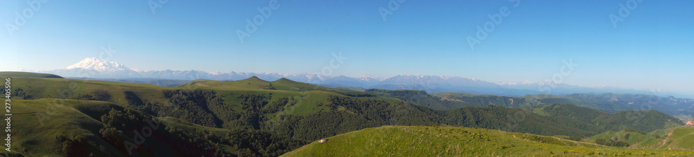                            panorama of mount Elbrus and the mountains of the Central and Western Caucasus, the view from the Gumbashi pass