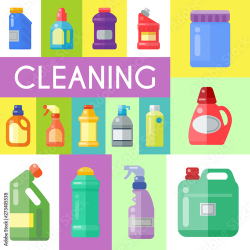 Cleaning products poster household bottle plastic liquid detergent product vector illustration. Cleaner disinfect equipment packaging. Cleanup care housekeeping fluid container. Housework supplies