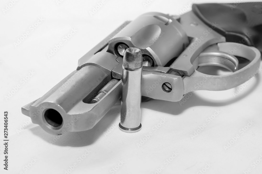 A loaded 357 stainless steel revolver with a hollow point bullet next to it shot in black and white