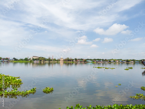 Landscape river and beautiful clouds on blue sky livelihoods by the river,View of nature on Chao Phraya River-Thailand.