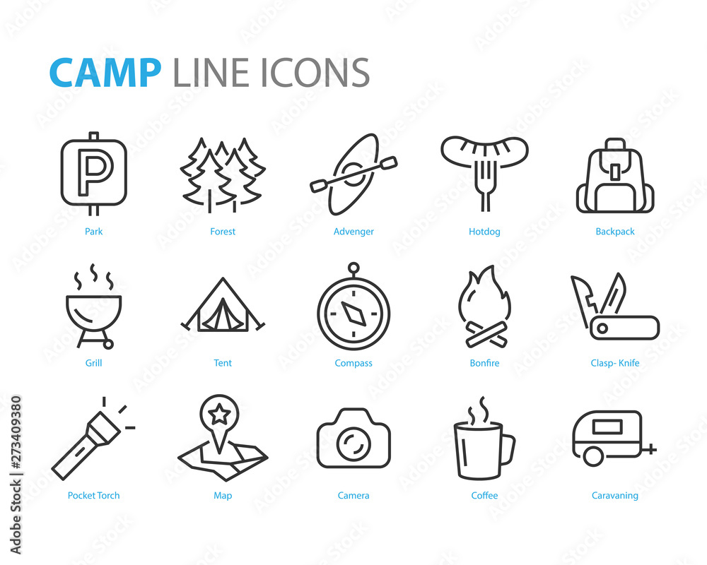 set of camp icons, such as campfire, outdoor, tent, barbeque