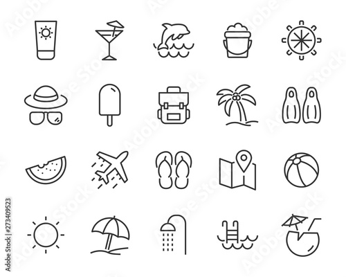 set of beach icons, such as sun, sea, watermelon, travel, sailing