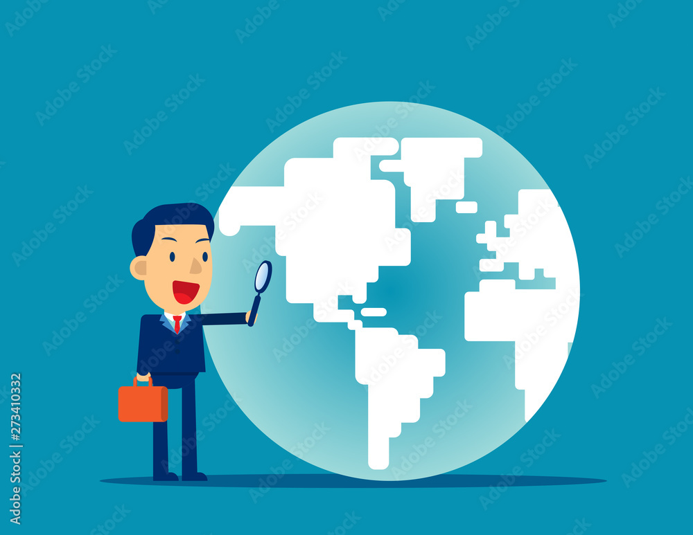 A business man looking globe. Concept business searching vector illustration, Magnifying, Flat cartoon character style design A business man looking globe. Concept business searching vector illustration, Magnifying, Flat cartoon character style design