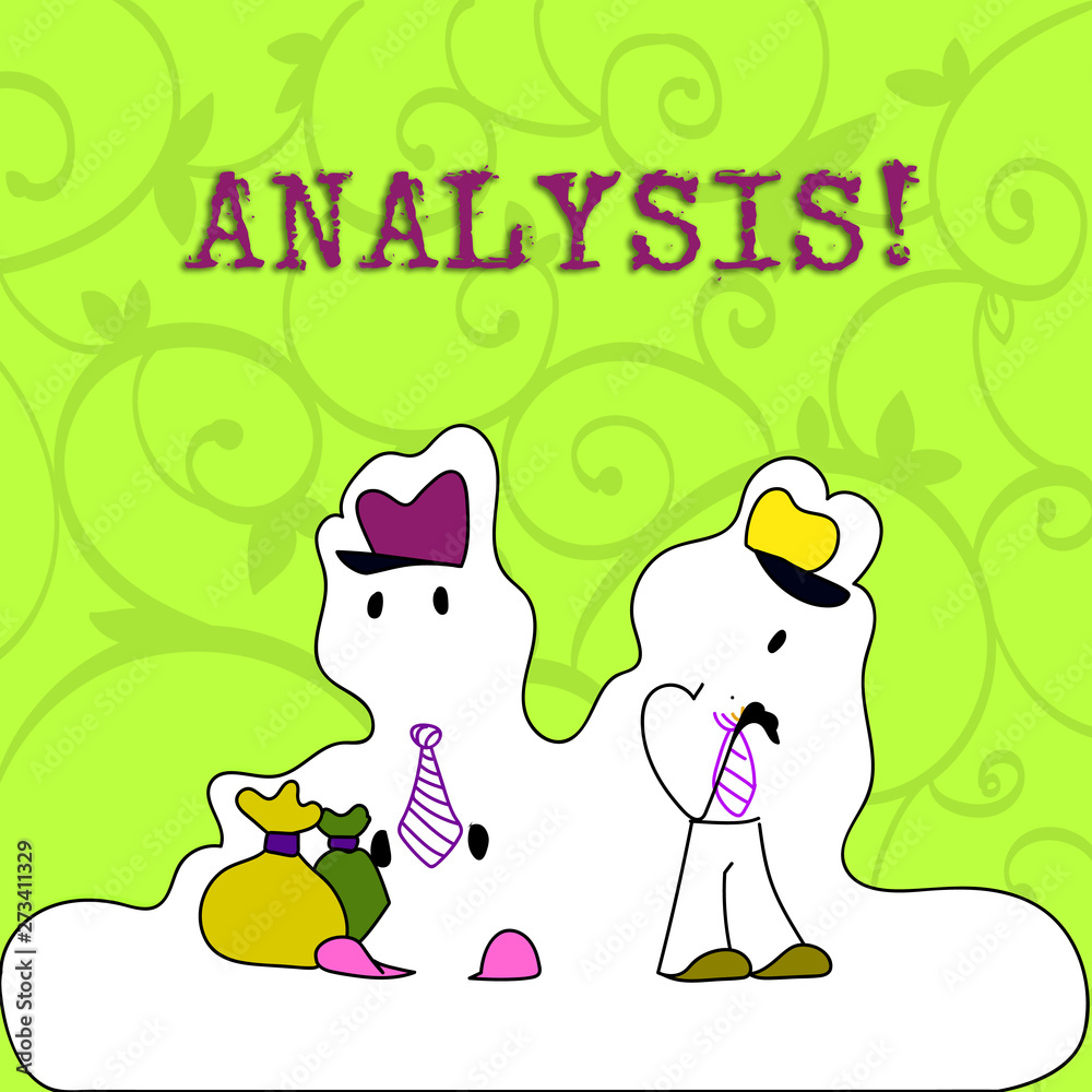 Fototapeta premium Conceptual hand writing showing Analysis. Concept meaning Strategic analytic plans for new website growth development Figure of Two Men Standing with Pouch Bag White Snow Effect