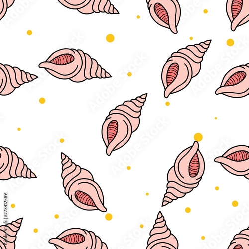 Seamless Pattern of Sea Shell hand drawn in cute colorfull doodle vector