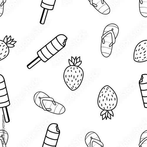Seamless Pattern of popsicle, strawberry and beach flipflop hand drawn in black and white doodle vector with ice cream cone as an additional