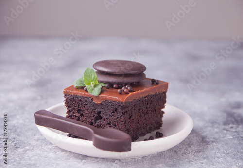 A piece of homemade chocolate cake on the plate with icing, mint leaf and chocolate spoon on the gray table