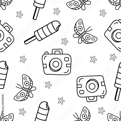 Seamless Pattern of Butterfly,Pocket Camera and Popsicle hand drawn in black and white doodle vector with starfish as a additional