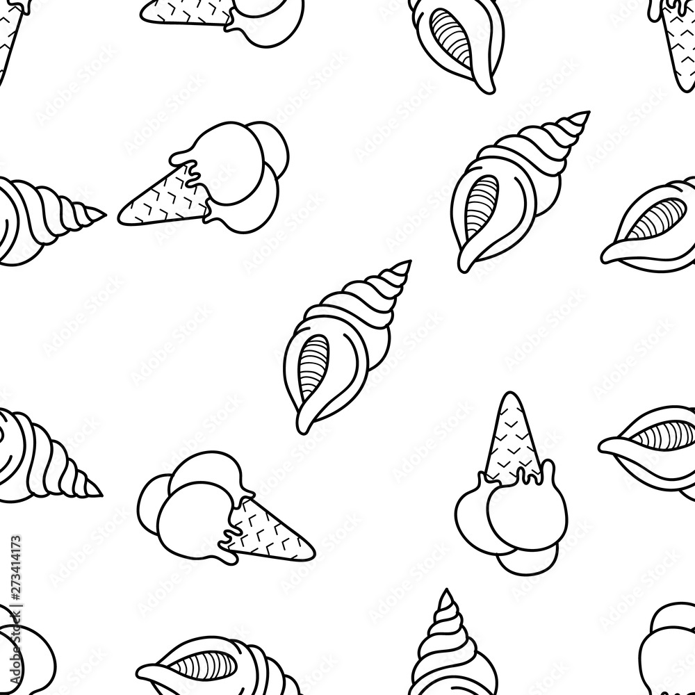 Naklejka premium Seamless Pattern of Shell and Ice Cream Cone hand drawn in black and white doodle vector