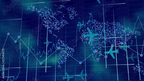 Abstract digital background - planes silhouettes flying above world map amond lines and dots. Travel concept. 3D rendering.