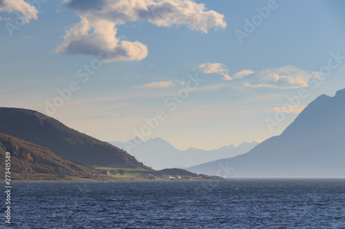 Norwegian fjords with rocky horizon at sunrise