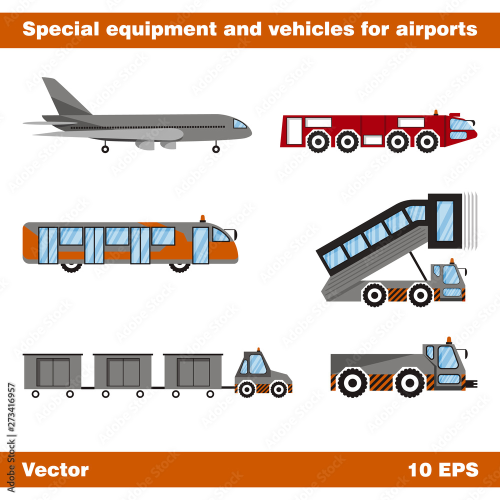 Special equipment and vehicles for airports. Set of isolated objects on white background