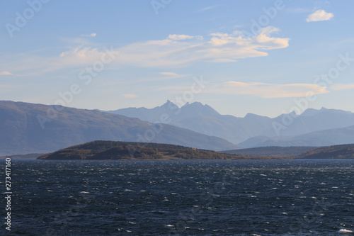 Norwegian fjords with rocky horizon at sunrise