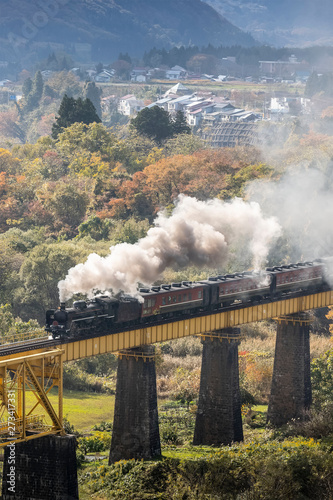 Steam locomotive train Is spraying smoke running through the iron bridge
