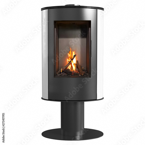 Modern burning fireplace stove isolated on white background