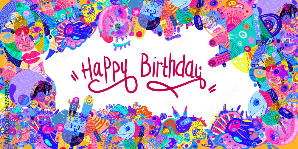 Obraz premium Happy Birthday Greeting Card with Abstract Doodle Illustration Background