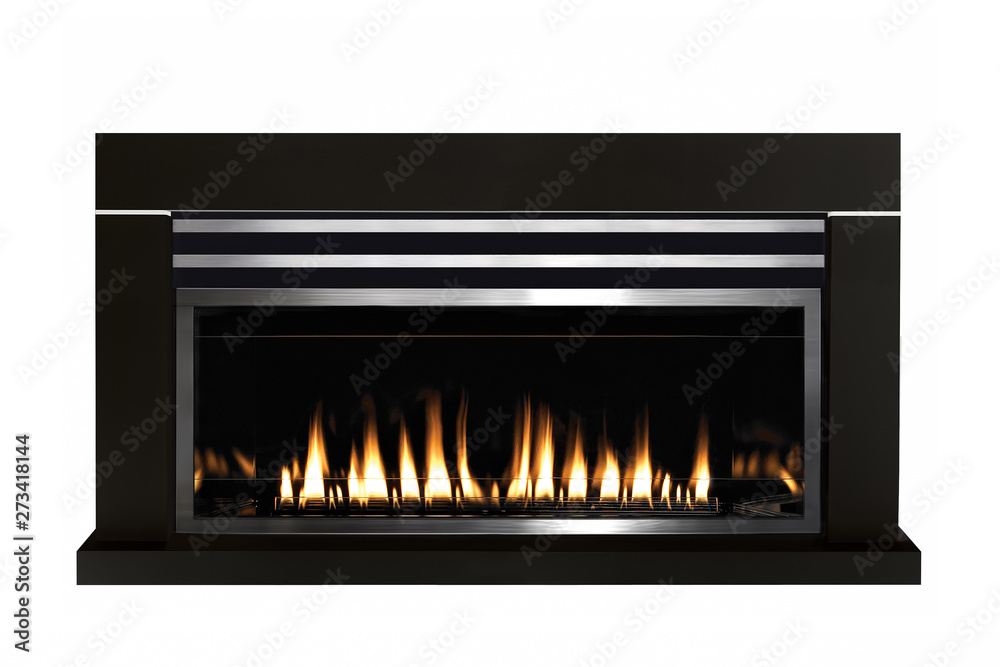 Burning gas fireplace isolated on white background