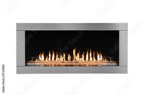 Burning gas fireplace isolated on white background