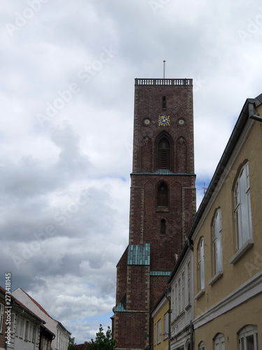 Tower of Ribe Cathedral, Denmark viewed on cloudy day