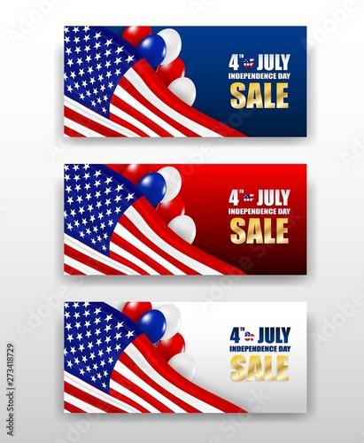 4th of July Happy Independence day USA sale promotion. design with balloons and american flag background .