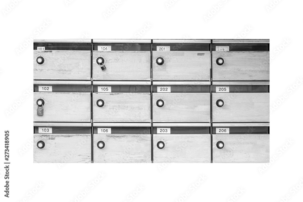 Metal letter box with room number isolated on white background Metal letter box with room number isolated on white background