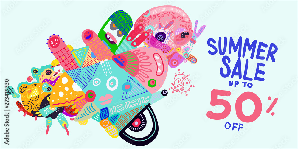 Summer Sale 50% discount Colorful Banner Doodle illustration 