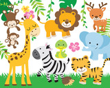 Vector illustration of cute safari animals including lion, tiger, elephant, monkey, zebra, giraffe, deer, snake, and hedgehog.