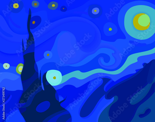 Vector illustration inspired by the painting of Vincent Van Gogh - Moonlit Night.Glowing moon and starry sky abstract background. 