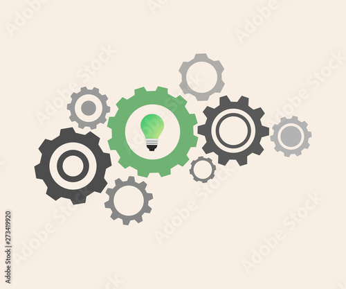 gray gear wheels with green light bulb symbolizing idea.Gear vector icon. Web design icon. Gears and cogs symbol. 