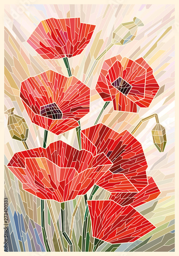Stained glass large flowers poppies on a light beige background. Light lines. Vector full color graphics