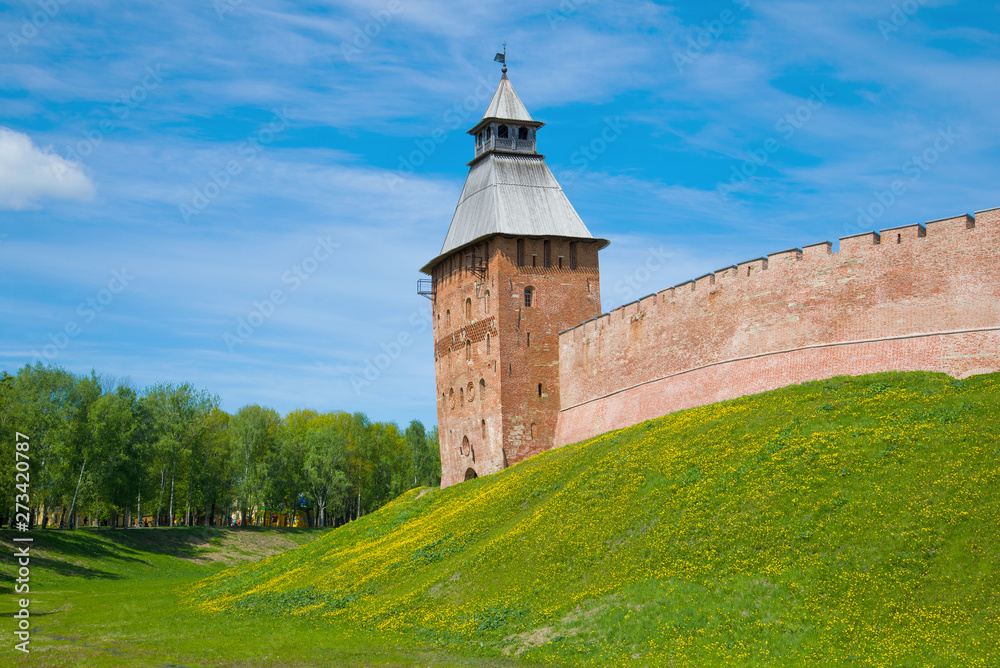 View of the Spasskaya Tower on a sunny May day. Kremlin of Veliky Novgorod, Russia