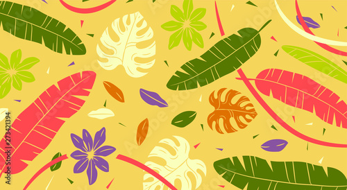 Tropic summer painting pattern with palm banana leaf and plants.Exotic fashion print.Vector illustration © kulikov_nikolay