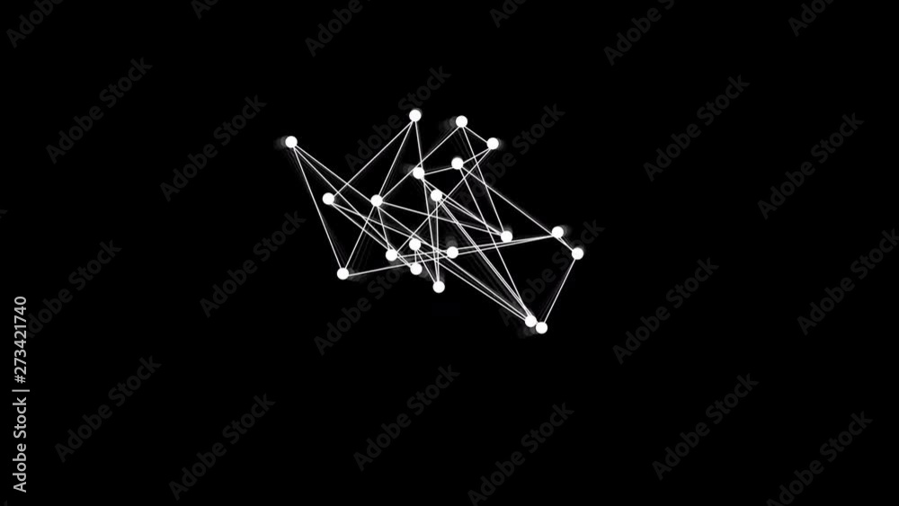 Seamless loop molecule dot and line connection moving over black backgound - simulation motion graphics element for background use