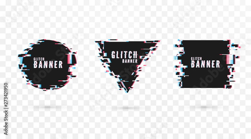 Geometric shape banner with distortion effect - Glitch. Digital technology modern poster and flyer template. Vector illustration isolated on transparent background