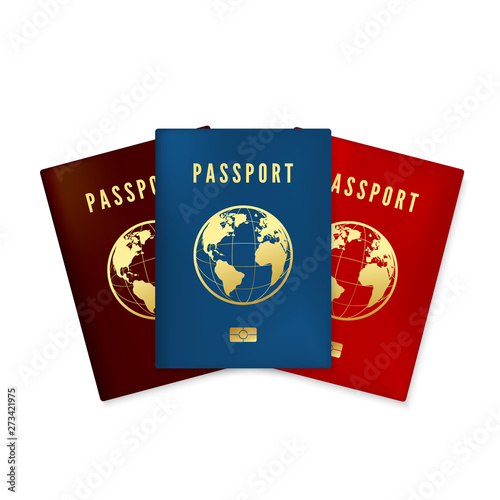 Set of Biometric blue brown and red passports cover. Identity document with digital id. Golden text passport and global map with microchip. Vector illustration isolated on white background
