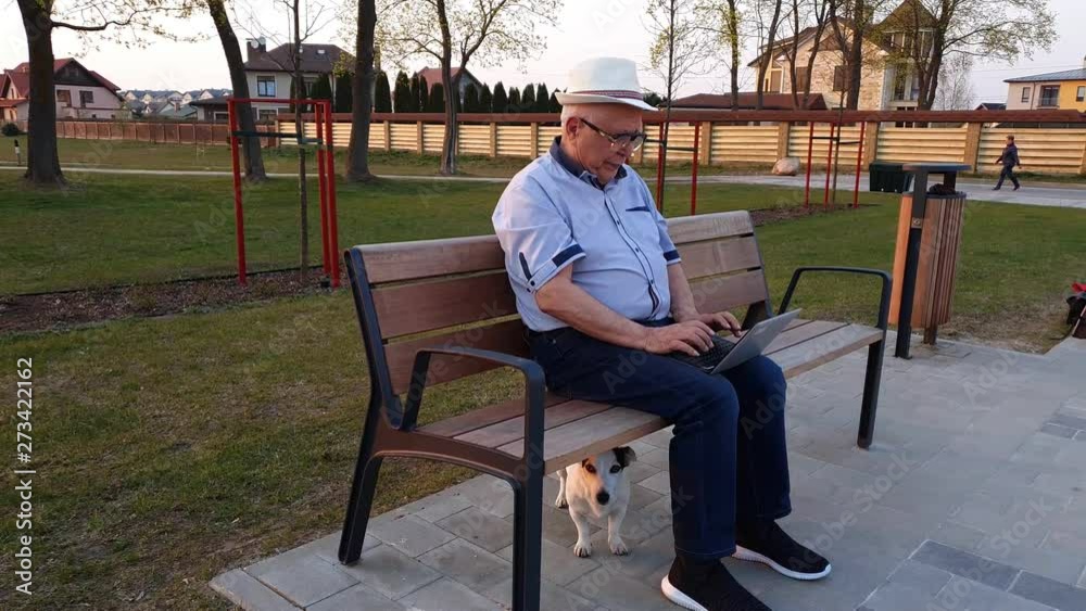 senior man in white hat with laptop sits on bench dog stands under garden seat against building roofs and wooden fence senior man in white hat with laptop sits on bench dog stands under garden seat against building roofs and wooden fence