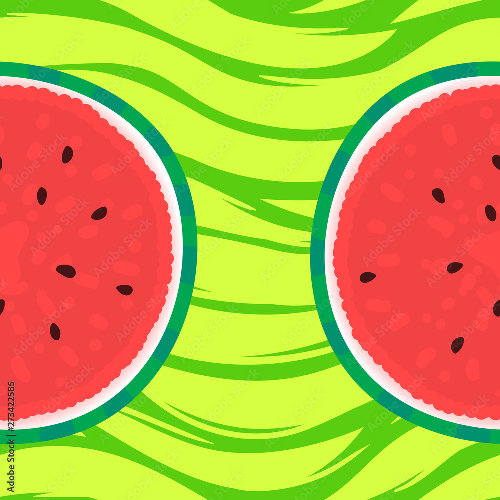 Watermelon card with round slice for summer design. Vector illustration on striped green texture