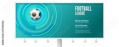 Billboard for the football championship. Stylish dynamic background with realistic 3d ball for play in soccer. Vector template for sport events isolated on white background