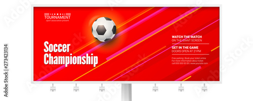 Vector billboard for the soccer championship. Stylish dynamic background with realistic three-dimensional ball for play in football. Template for sport events isolated on white background