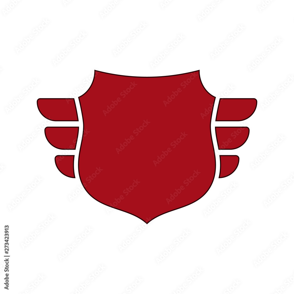 Shield red icon. Outline shield, simple wings isolated white background. Flat graphic sign. Symbol arms, security badge, heraldic insignia, guard protect. Safety element crest. Vector illustration Shield red icon. Outline shield, simple wings isolated white background. Flat graphic sign. Symbol arms, security badge, heraldic insignia, guard protect. Safety element crest. Vector illustration