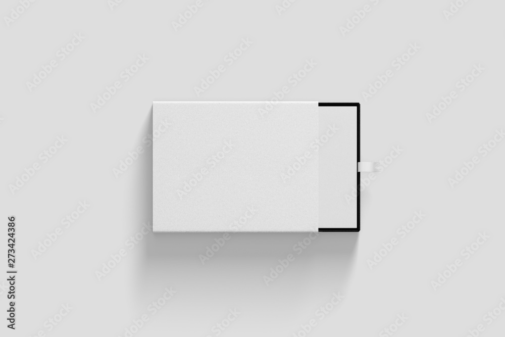 Opened Realistic Package Cardboard Sliding drawer Box Mock up with ribbon pull on light grey background.3D rendering.Top view. - obrazy, fototapety, plakaty 