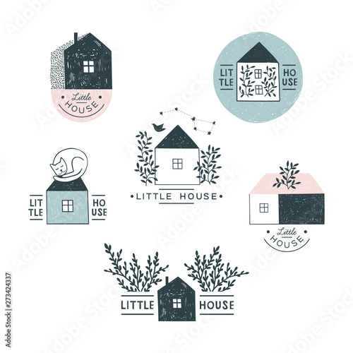 Simple  soulful hand drawn illustrations of houses. Set of doodle logos.