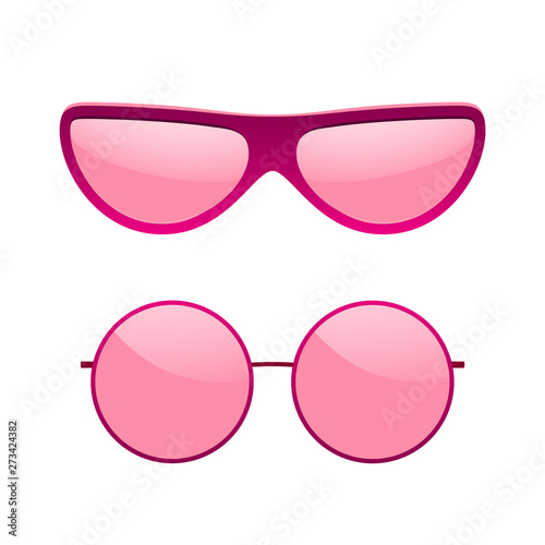 Sunglasses icons set. Pink sun glasses isolated white background. Fashion pink vintage graphic style. Female modern optical beach accessory. Eye summer protection. Eyesight symbol. Vector illustration