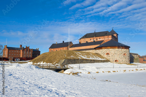 The ancient fortress of the Hameenlinna city, close-up on a sunny March morning. Finland