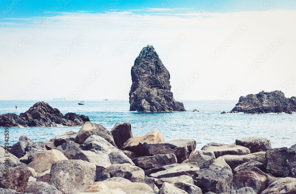 Acitrezza rocks of the Cyclops, sea stack in Catania, Sicily.