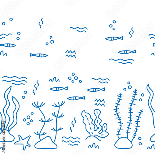 Line art vector hand drawn. Doodle cartoon seamless pattern of marine life. Suitable for fabrics, Wallpapers, album covers, phone cases. Vector illustration.
