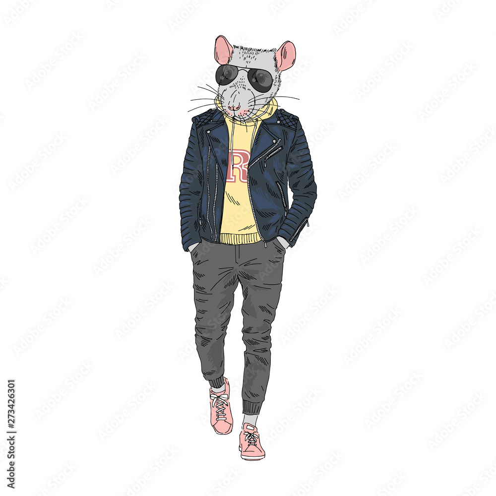Humanized rat man hipster dressed up in modern urban style. Hand drawn vector illustration. Furry art image. Anthropomorphic animal. Humanized rat man hipster dressed up in modern urban style. Hand drawn vector illustration. Furry art image. Anthropomorphic animal.