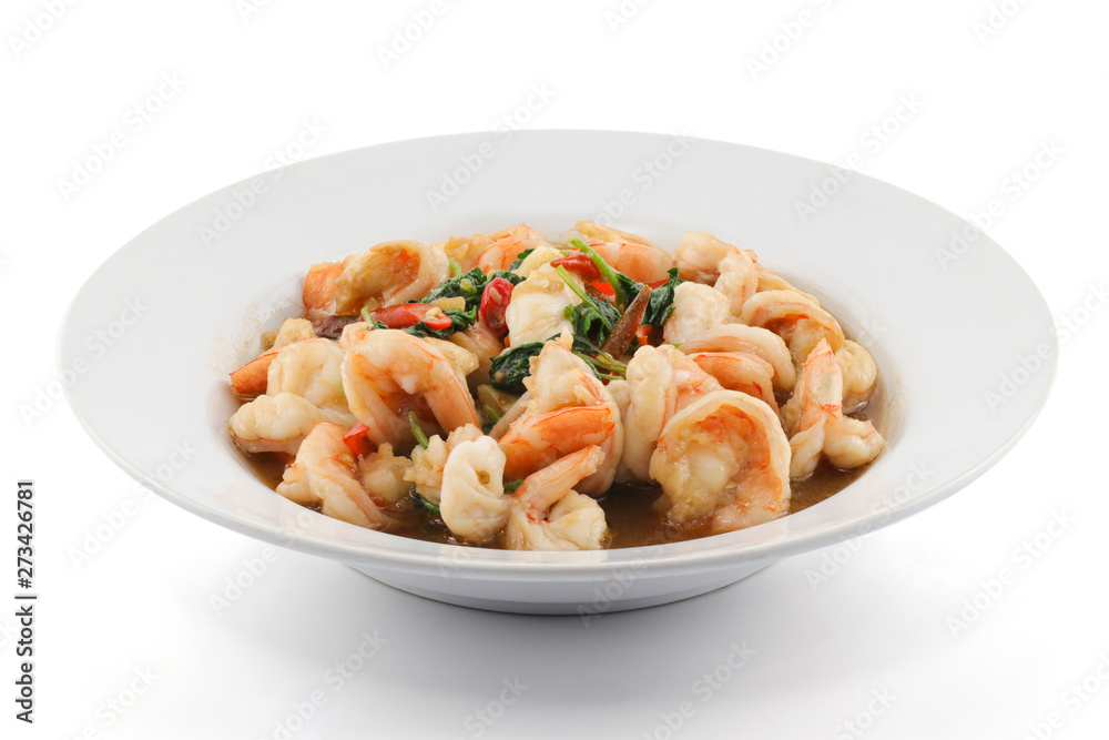 stir-fried shrimps and basil isolated on white background