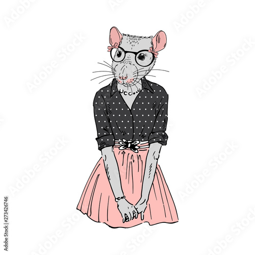 Humanized cute rat woman hipster dressed up in pink skirt, dotty shirt and glasses. Hand drawn vector illustration. Furry art image. Anthropomorphic animal.